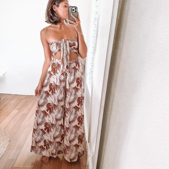 Aakaa Tropical Wide Leg Set Beige Size Small - Picture 5 of 16